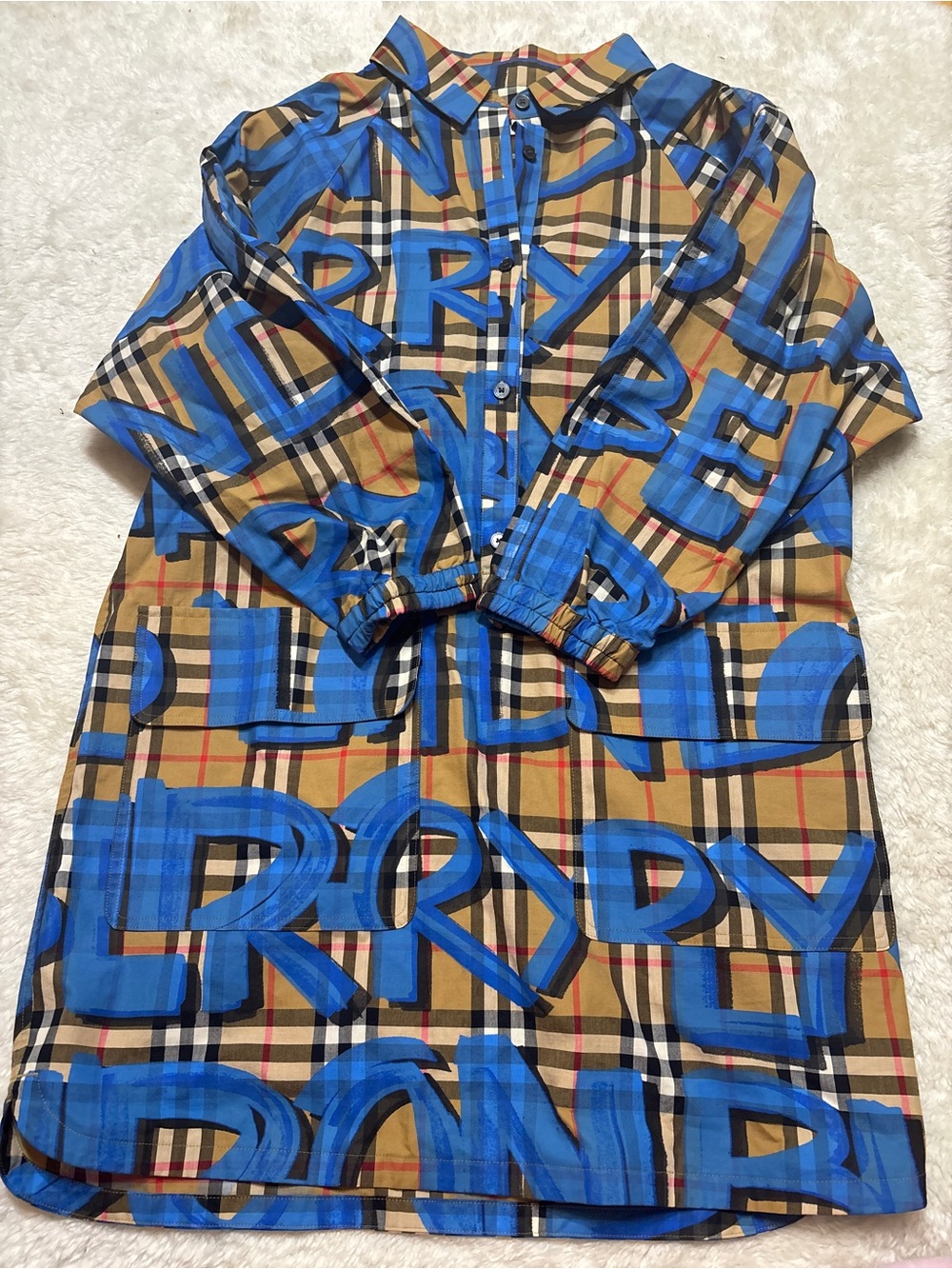 Burberry Girl’s Tan Plaid Shirt Dress with Blue Brushstroke Graffiti Check Print